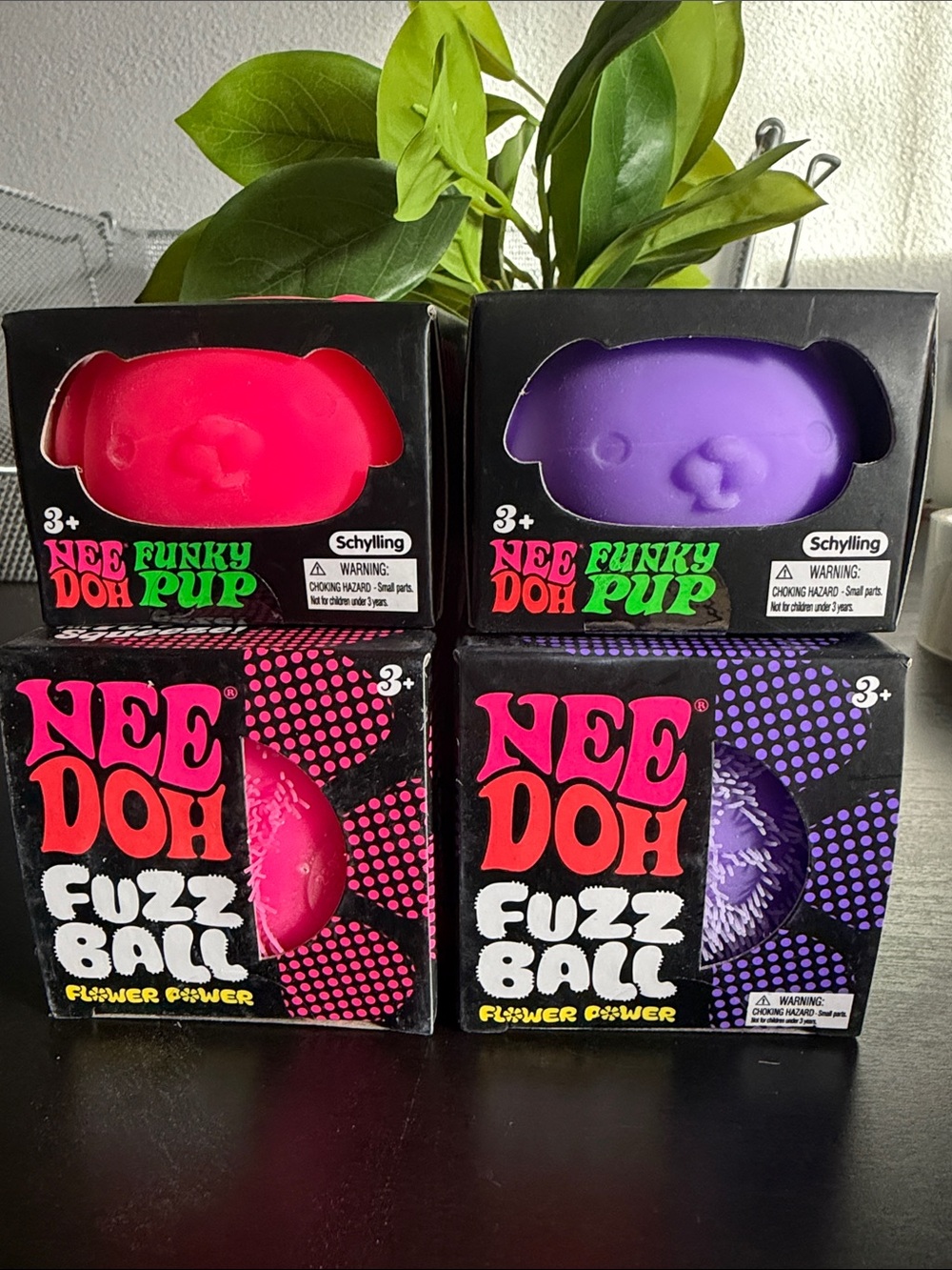 Nee Doh Funky Pup Fuzz Ball Duo - Pink & Purple bundle of (4) four